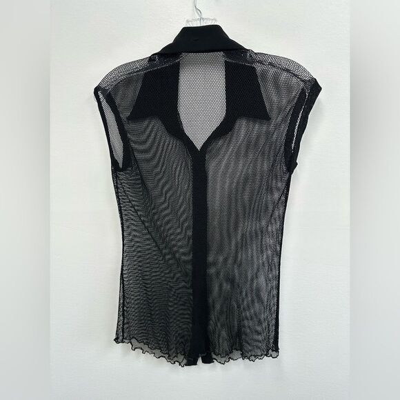 Vintage Y2K Black Mesh Sheer Fish Net Short Sleeve Button Front Top Size M - Picture 10 of 10